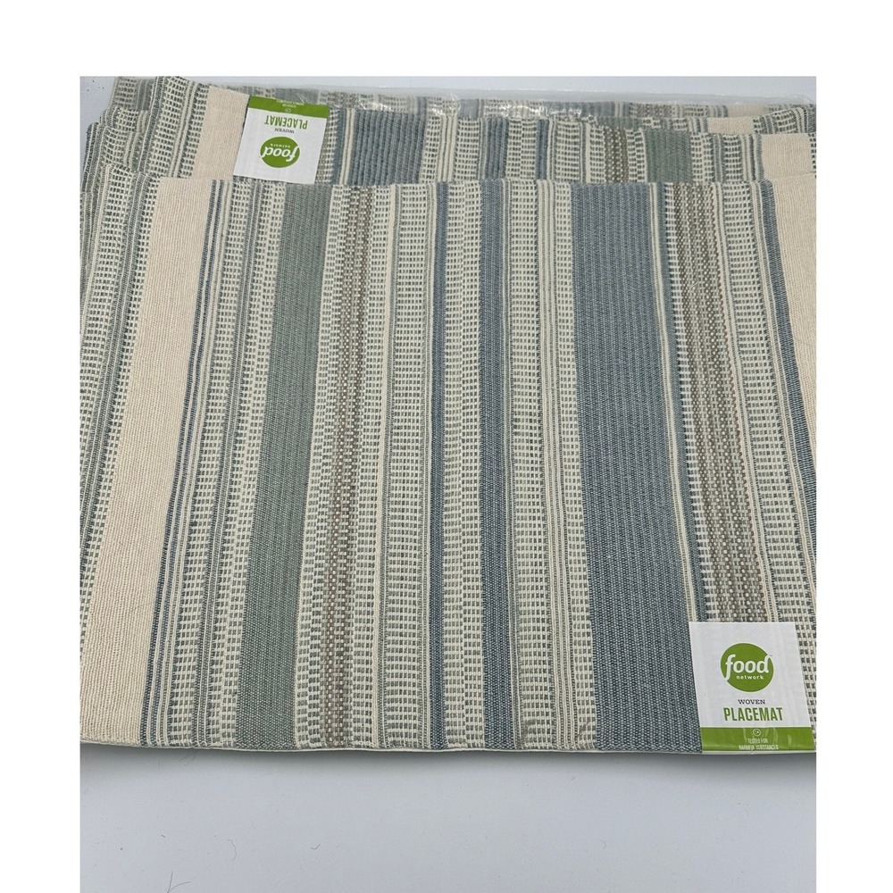Food Network Woven Placemat Set 6 Blue Cream Stripe Cotton Coastal Farmhouse NEW